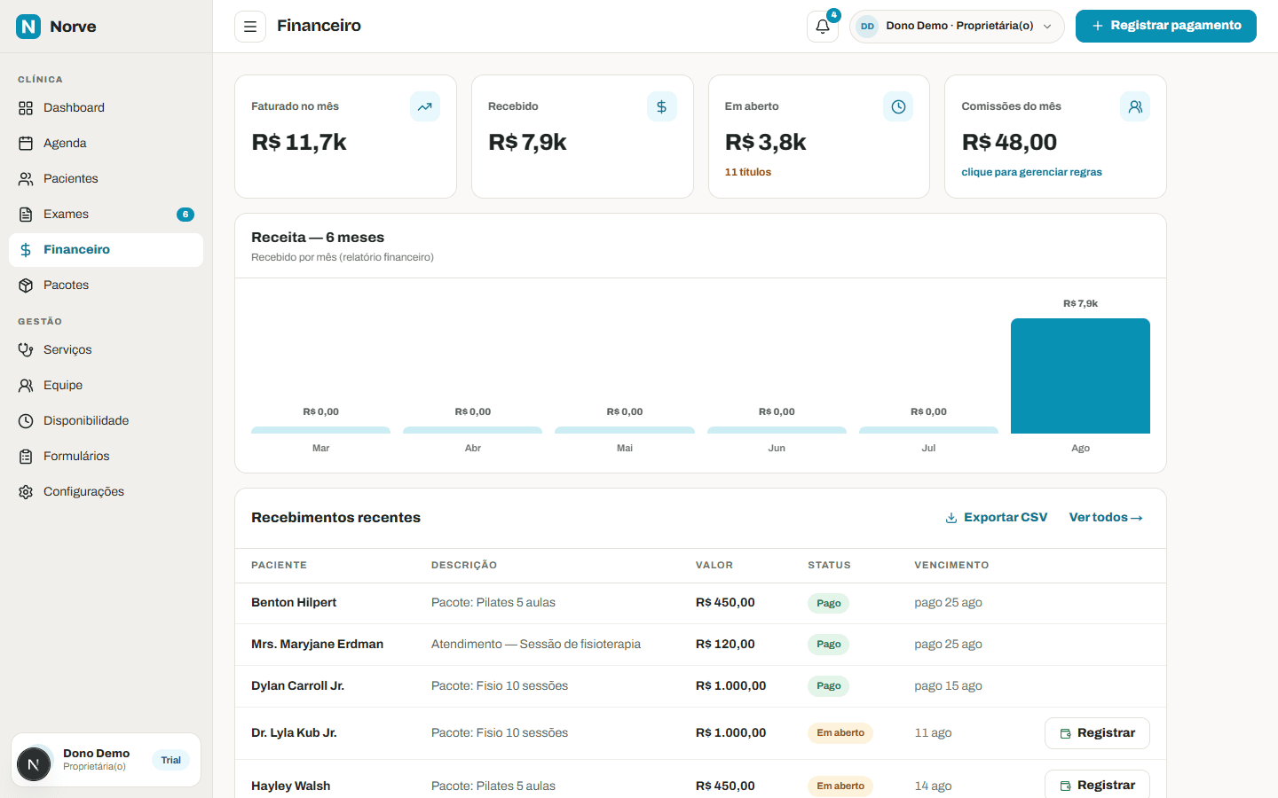 Financeiro do Norve com recebimentos e comissões